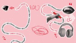 Abstract collage on a pink background featuring creative elements including an eye, a mouth, a hand with a pencil, headphones and looping text reading "Career Connection"