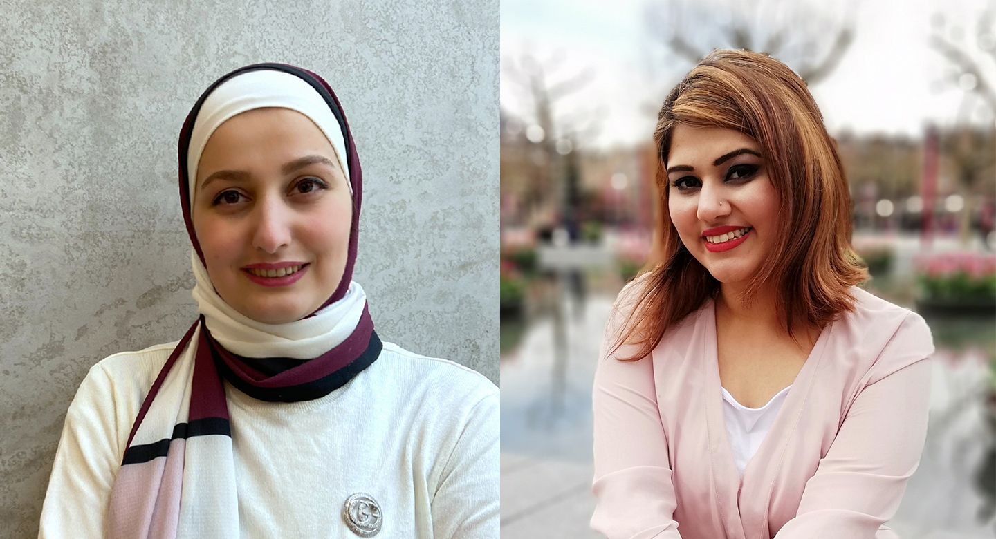 Two portrait photographs of young women, one against a textured grey wall and one by a river