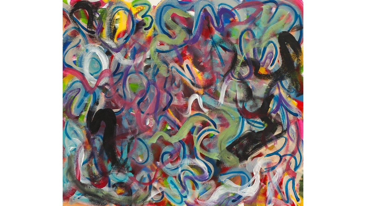 Abstract painting featuring energetic brushstrokes and vibrant colours.