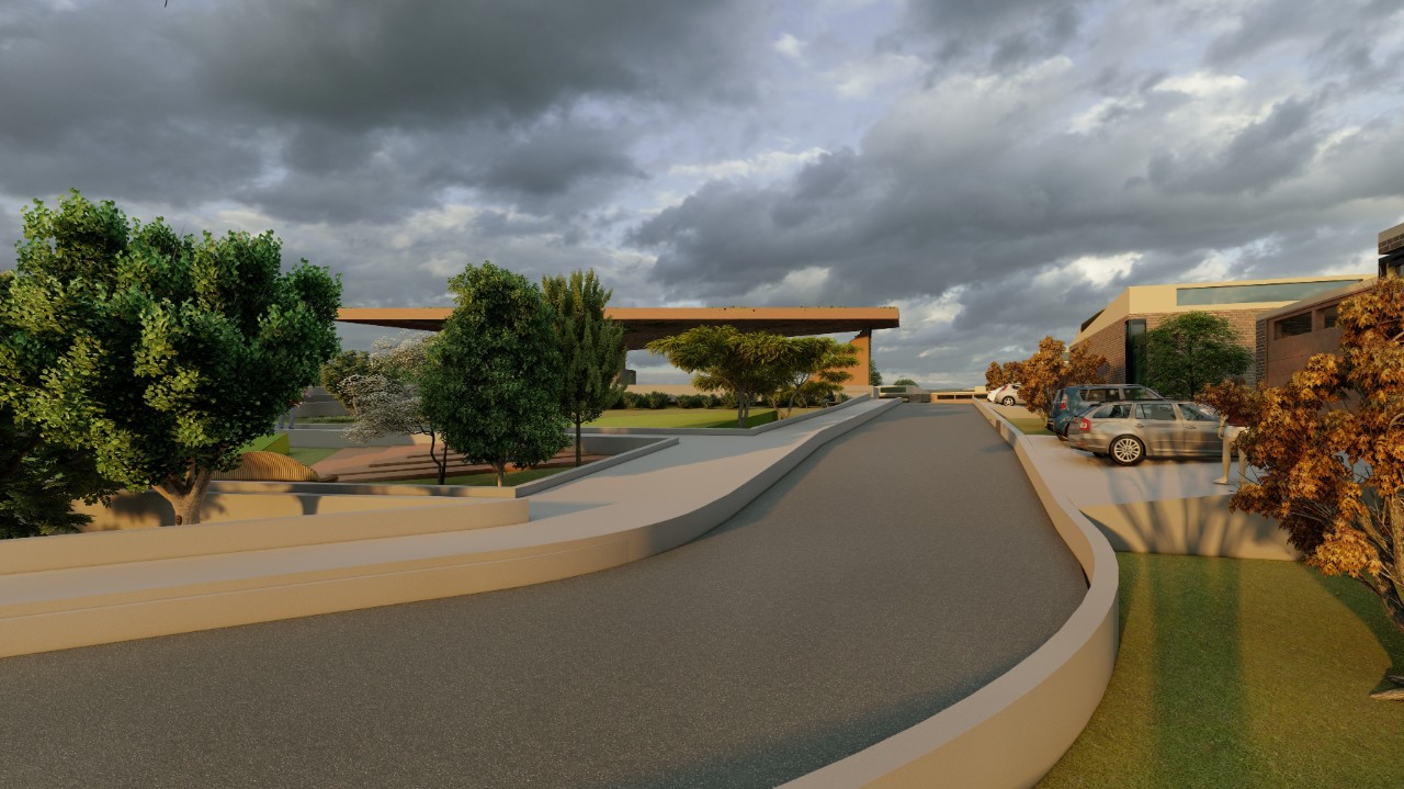 Render of a road through an urban street lined with trees and cars