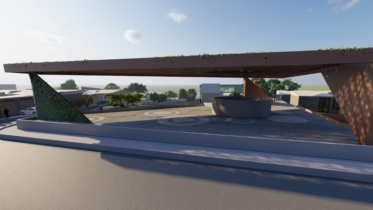 Render of a large triangle pavilion with ivy growing up the legs