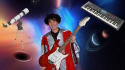 Man in academic robe holding a guitar, surrounded by space imagery, telescope, and keyboard.