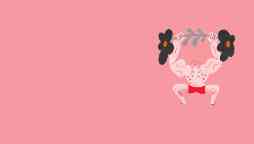 Illustration of a muscular male figure lifting weights overhead that look like a flower