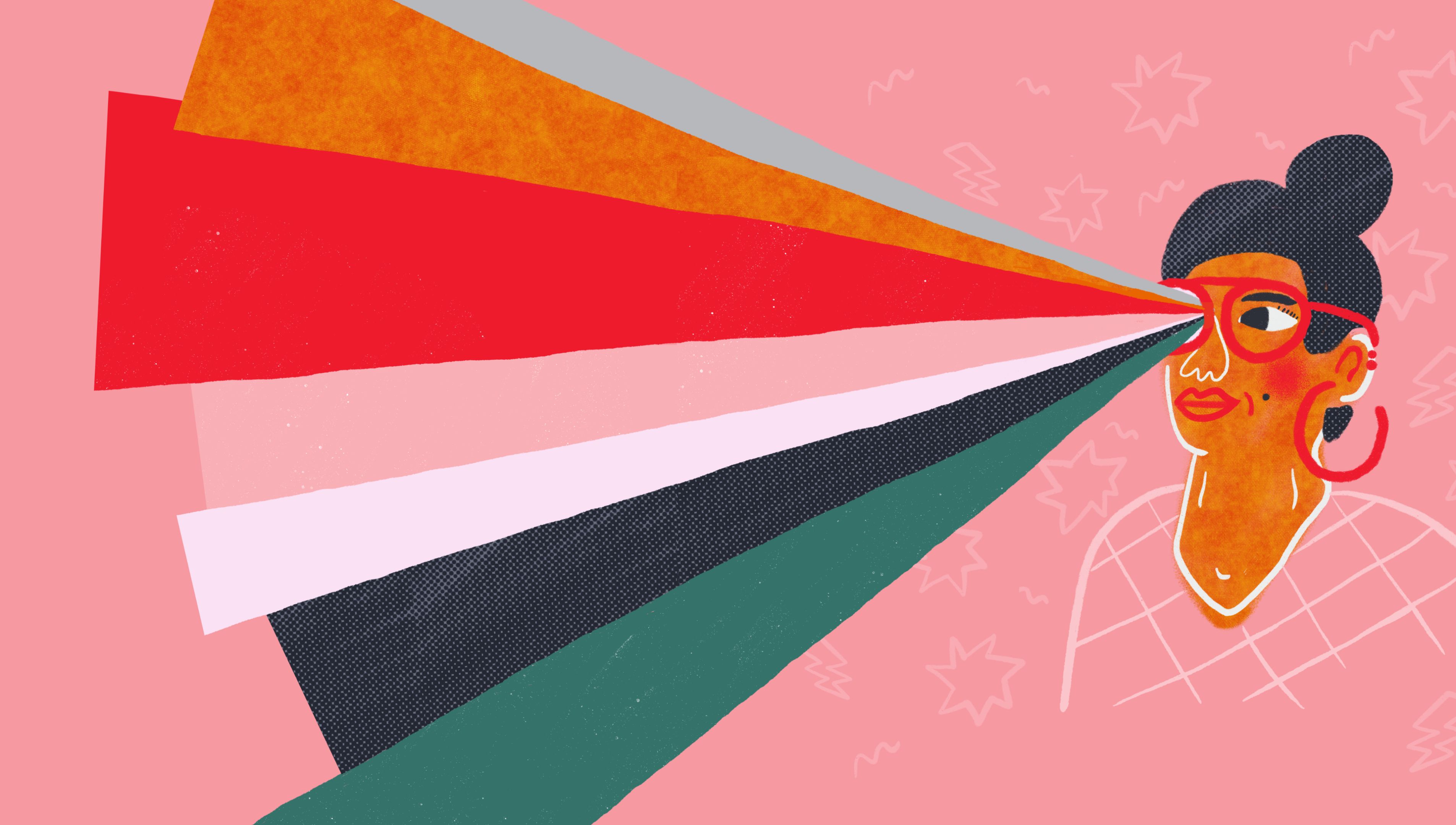 Illustrated woman sees a spectrum of colours to represent an inclusive outlook free of racism