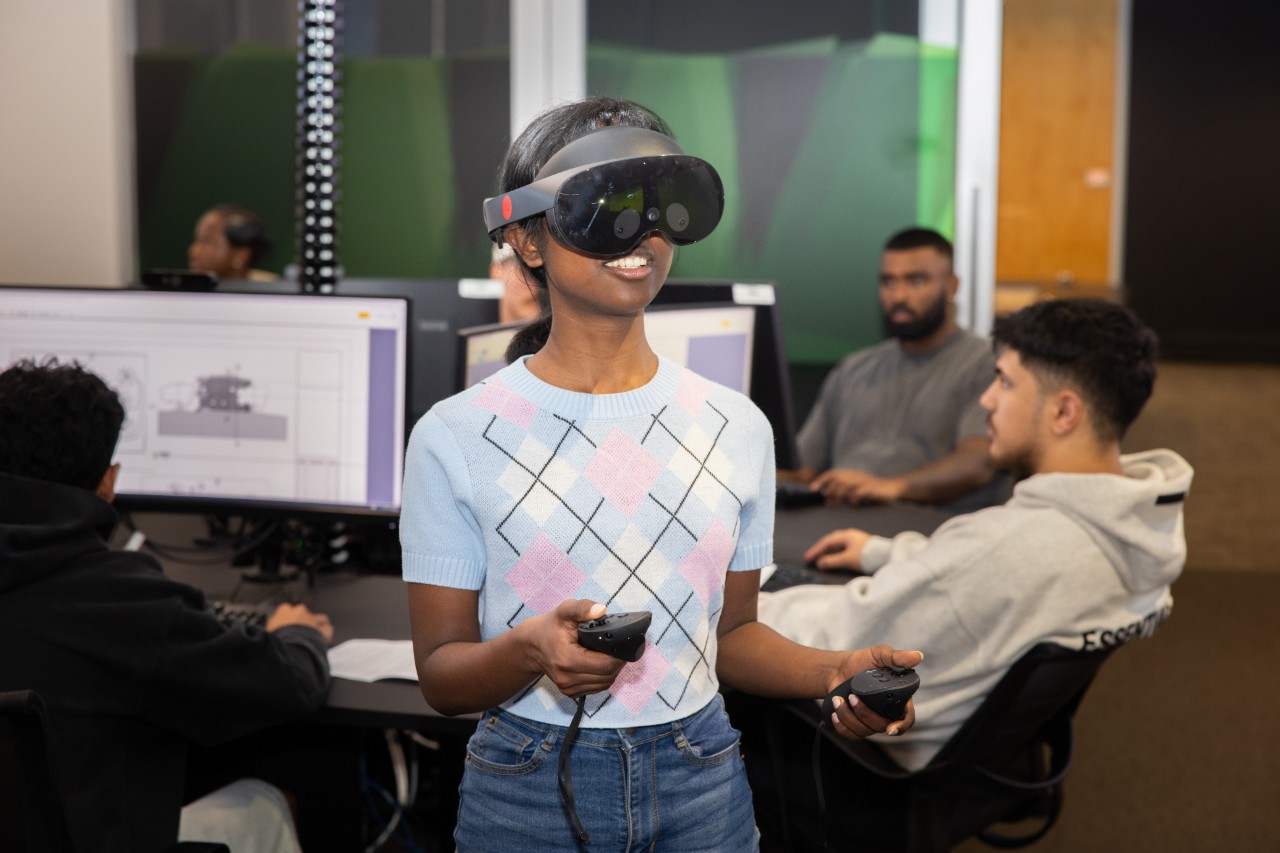 Student exploring designs using the Meta Quest Pro VR headset.
