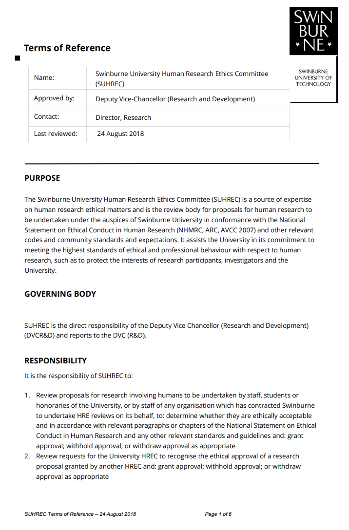 SUHREC terms of reference 