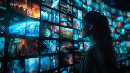Female student standing in front of endless wall of virtual screens viewing dynamic looking video content.