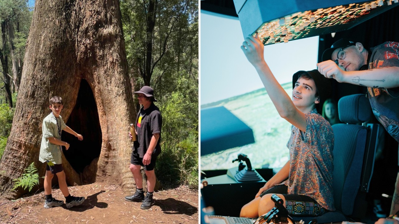 MTC-FAC attendees during Bullen-Bullen Walking Cultural Tour with Wurundjeri Woi-Wurrung Cultural Heritage Aboriginal Corporation (left) and flying across Australia in Swinburne's Department of Aviation's virtual flight simulator (right).