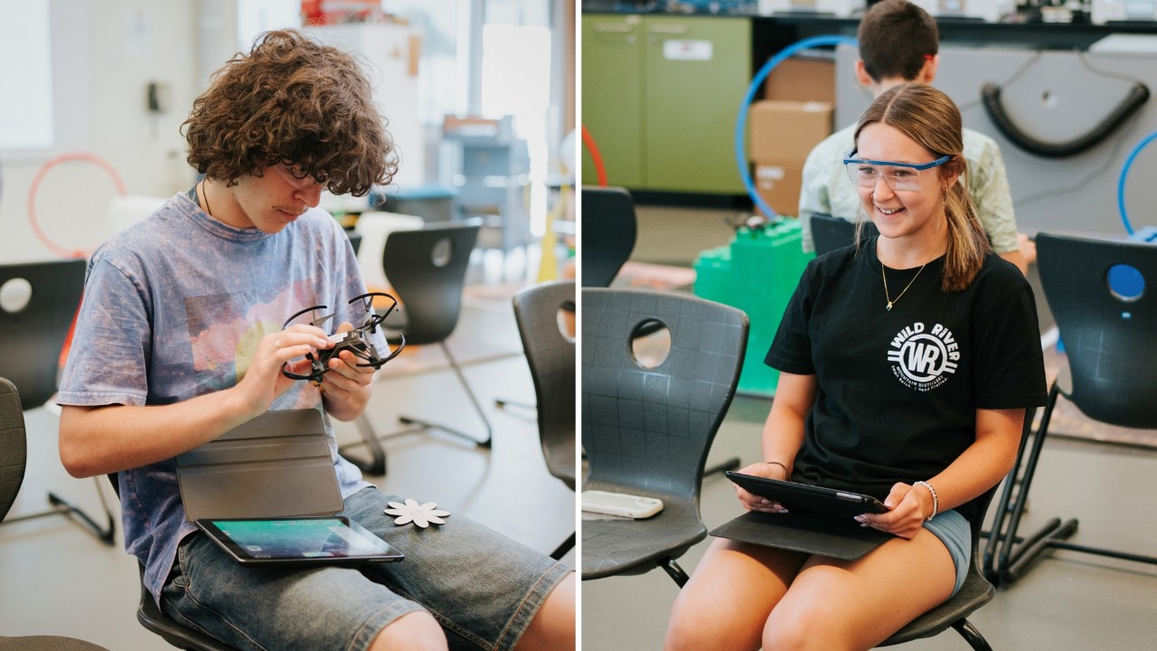 MTC-FAC attendees participating in drone flying in the STEM workshop at the Knox Innovation, Opportunity and Sustainability Centre (KIOSC) on Swinburne's Wantirna campus.