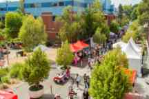 aerial shot crowd people walking campus