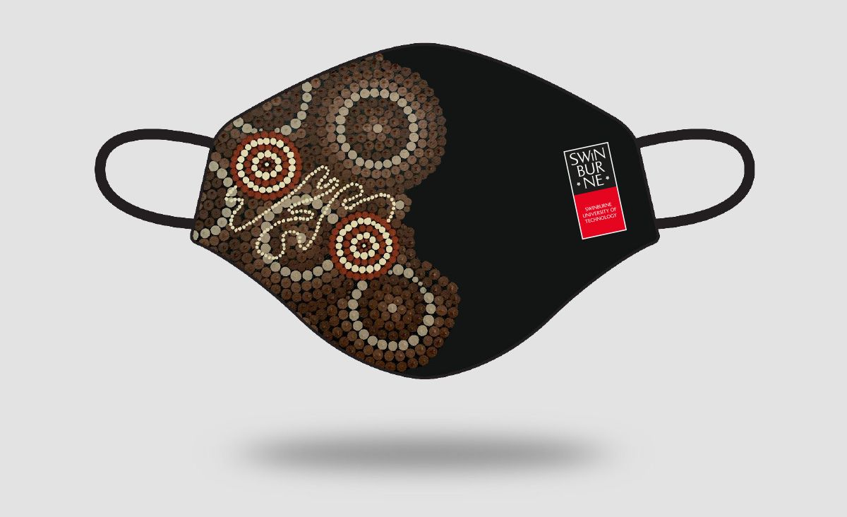 Swinburne branded reusable face mask with Indigenous design 