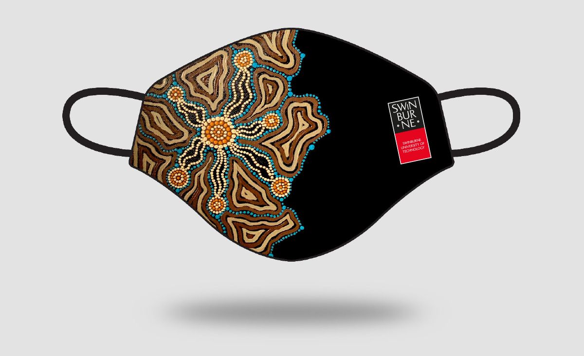 Swinburne branded reusable face mask with Indigenous design 