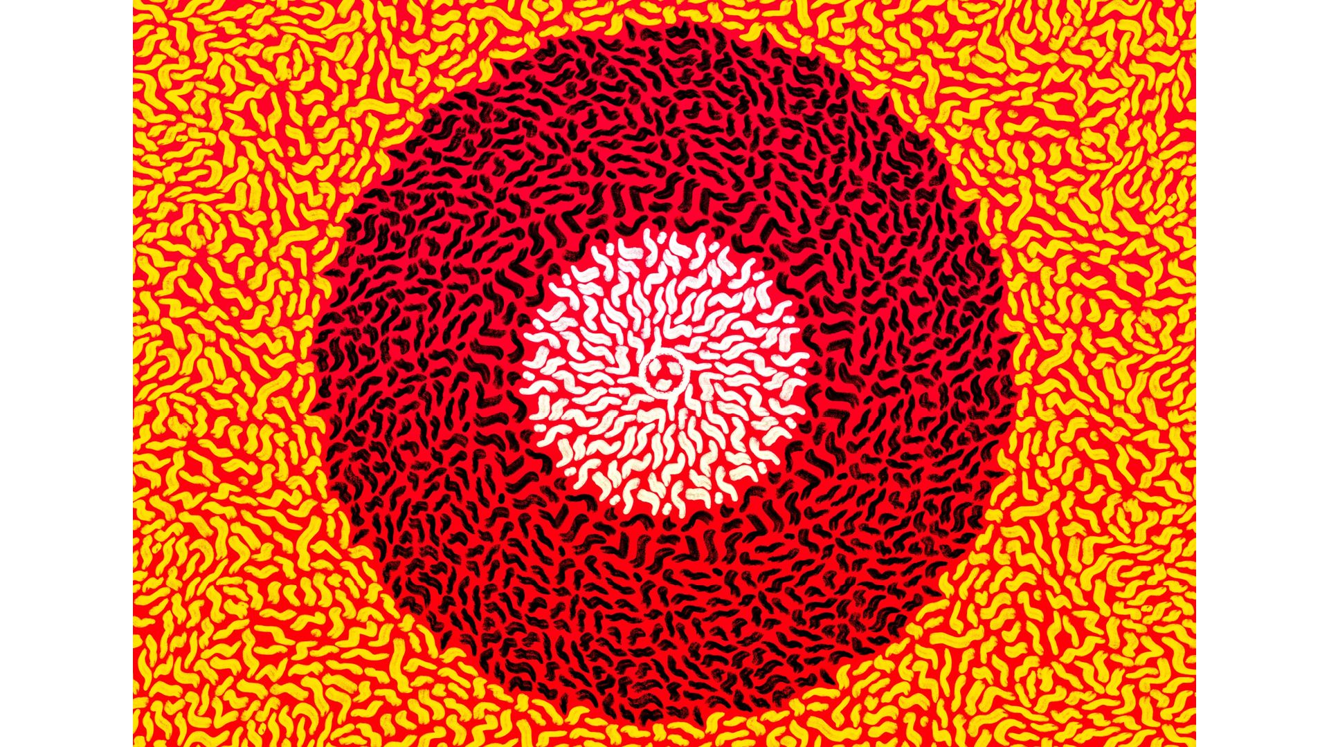 Artwork featuring small shapes making up a larger red circle, with a white one inside it, and yellow background
