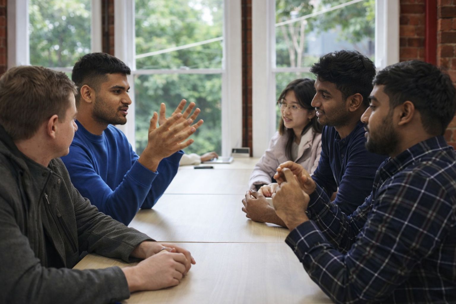 5 students talking in a group