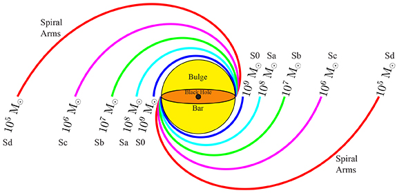 schematic of galaxy spiral arms with varying degrees of tightness and corresponding galaxy type