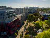 modern buildings rising above a park with green trees