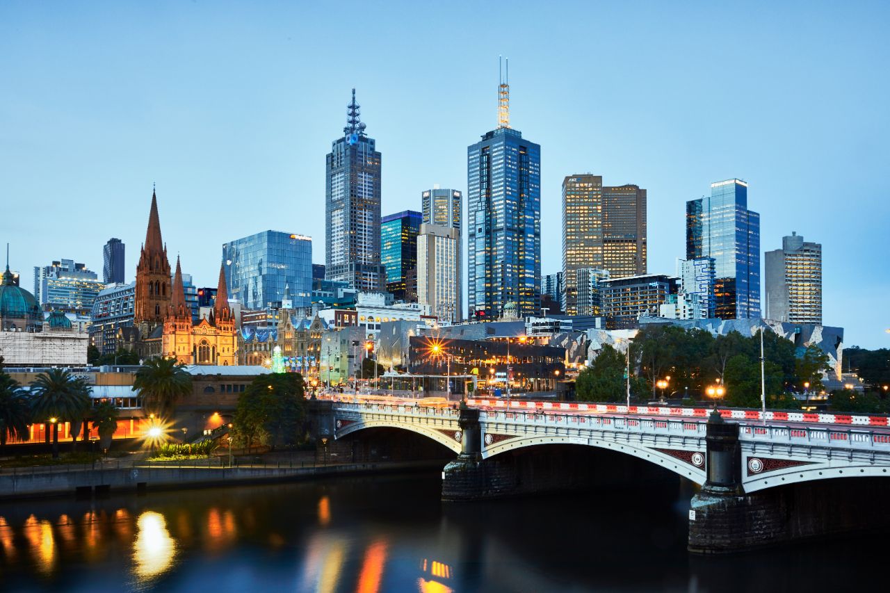 Melbourne waterfront cityscape at twilight.