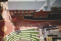 Bird eyes view of the Swinburne's courtyard outside ATC with students hanging around.