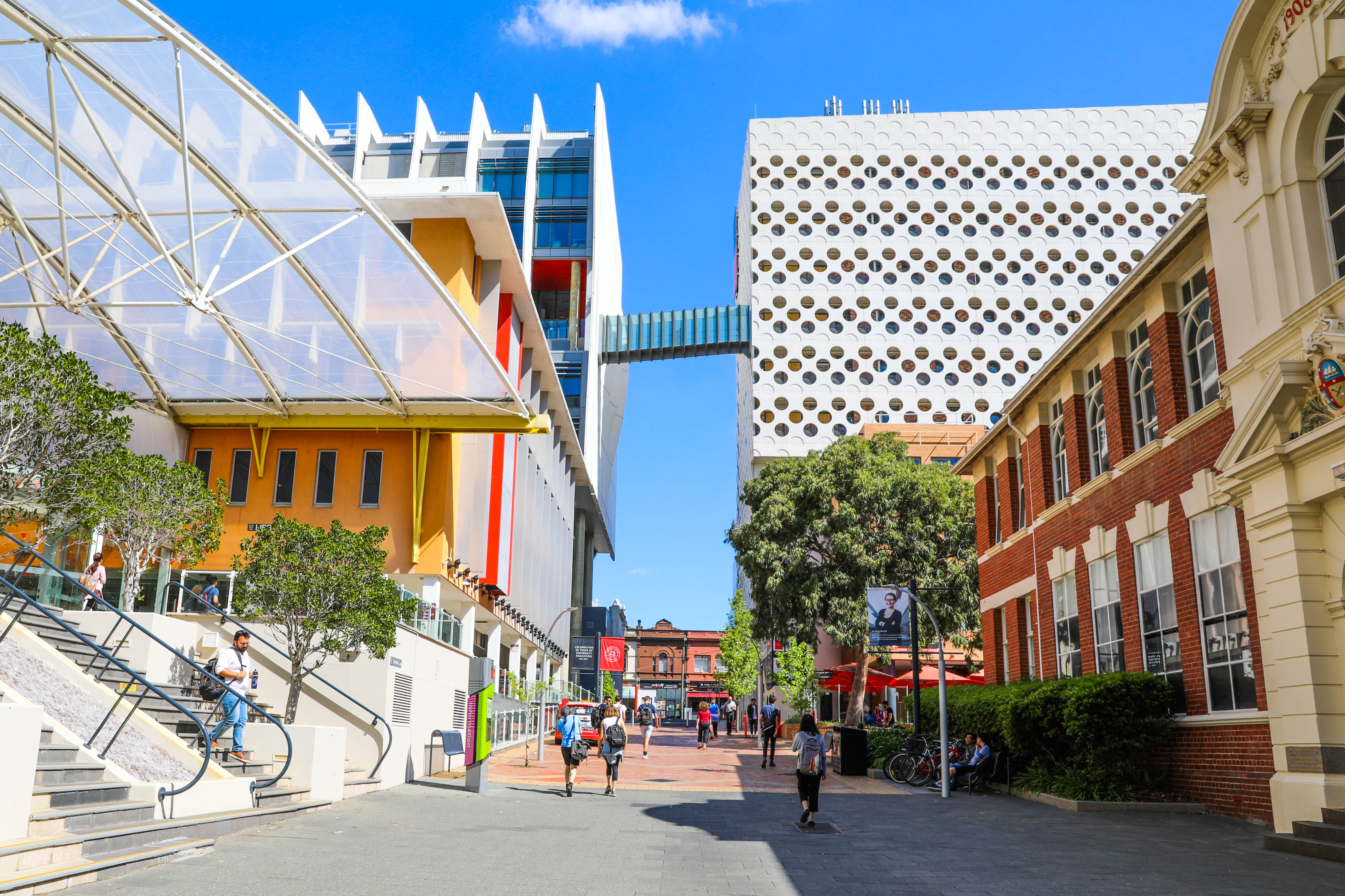 Hawthorn campus seen from John Street blue sky 