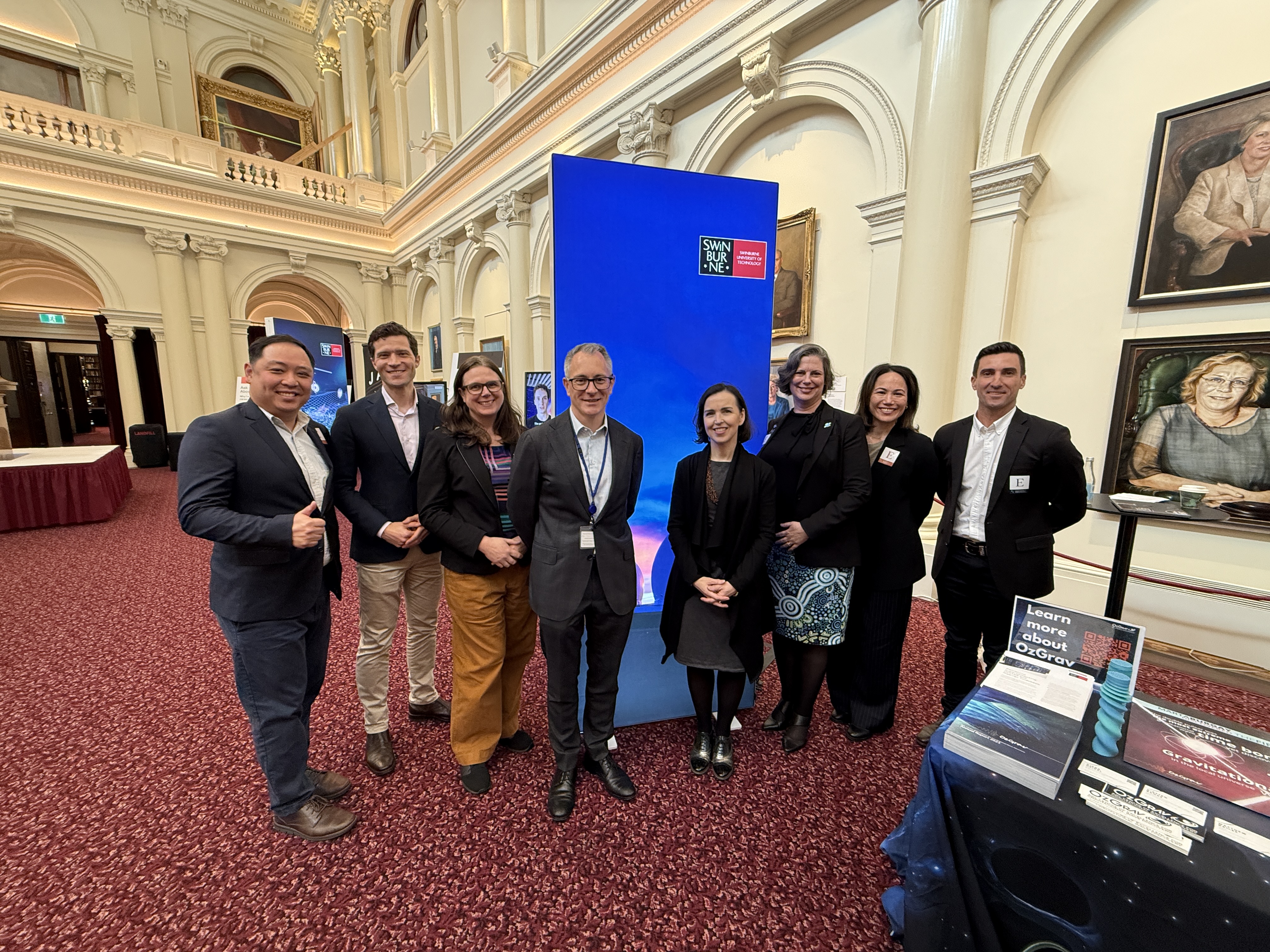 A/Prof. Andrew Ang, Prof. Alan Duffy,  Prof. Virginia Kilborn, Matt Carrick, Danni Jarrett, Prof. Karen Hapgood, Teresa Tufano, Dr Adriano Di Pietro at the Swinburne Space Showcase in Victoria’s Parliament House.