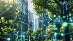 Futuristic smart city with high-rise buildings and digital connections integrated with greenery. Urban technology and sustainability concept