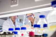 A PhD intern works with a researcher in a science laboratory