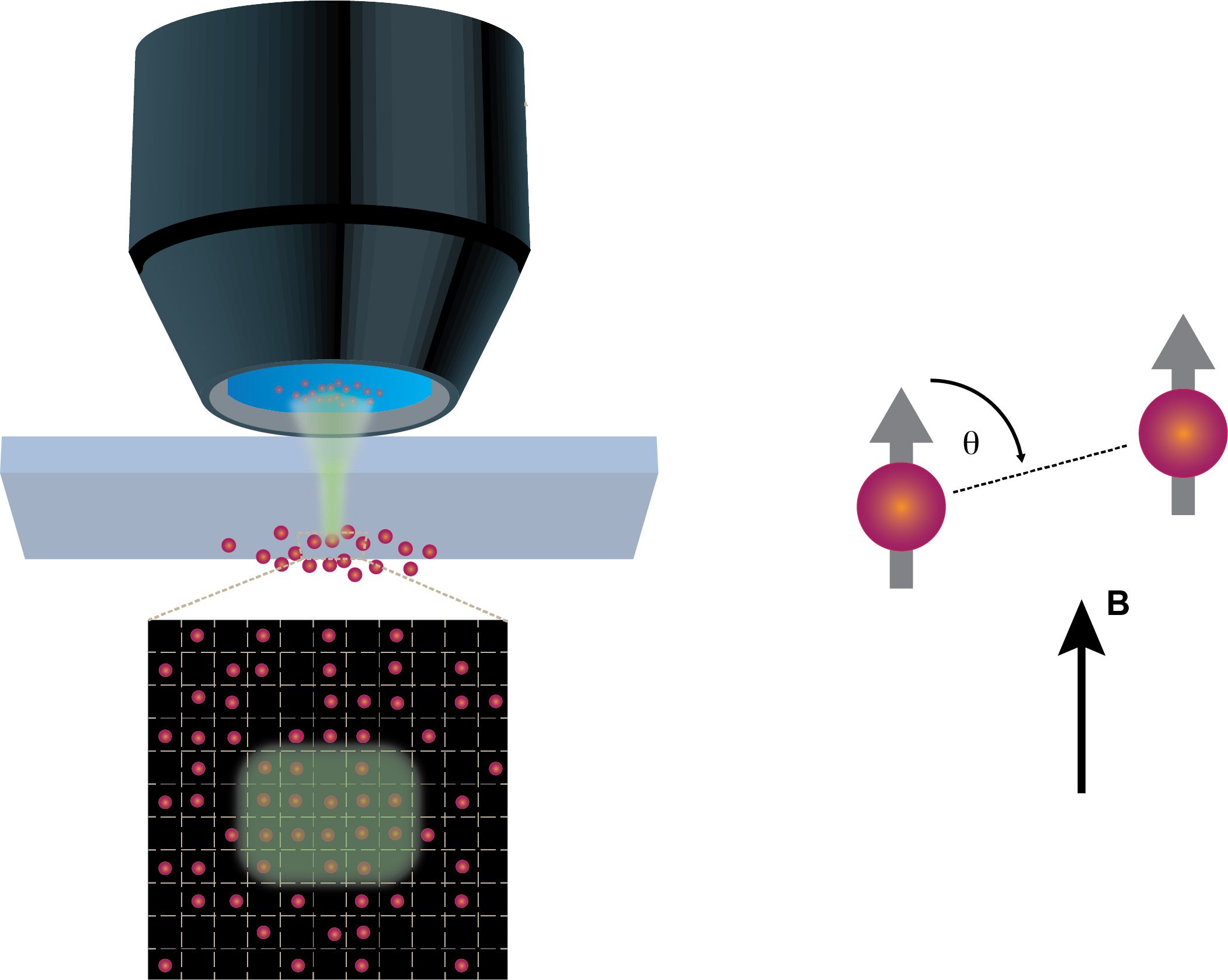A scientific diagram that shows the principle of quantum gas microscopy using various shapes and symbols