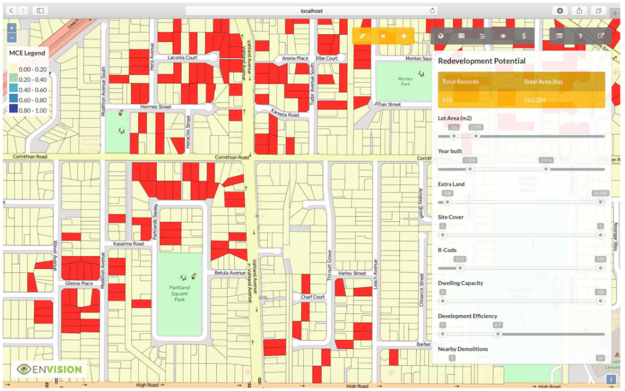 A computer-generated image showing a bird's eye view of a map of houses in a neighbourhood, with a box of filter options on the right-hand side.