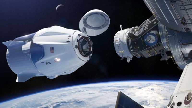 The SpaceX Crew Dragon (shown docking with the International Space Station) is coated with specialised composite materials to endure harsh space environment. Image courtesy of the Society for the Advancement of Material and Process Engineering (SAMPE ®).