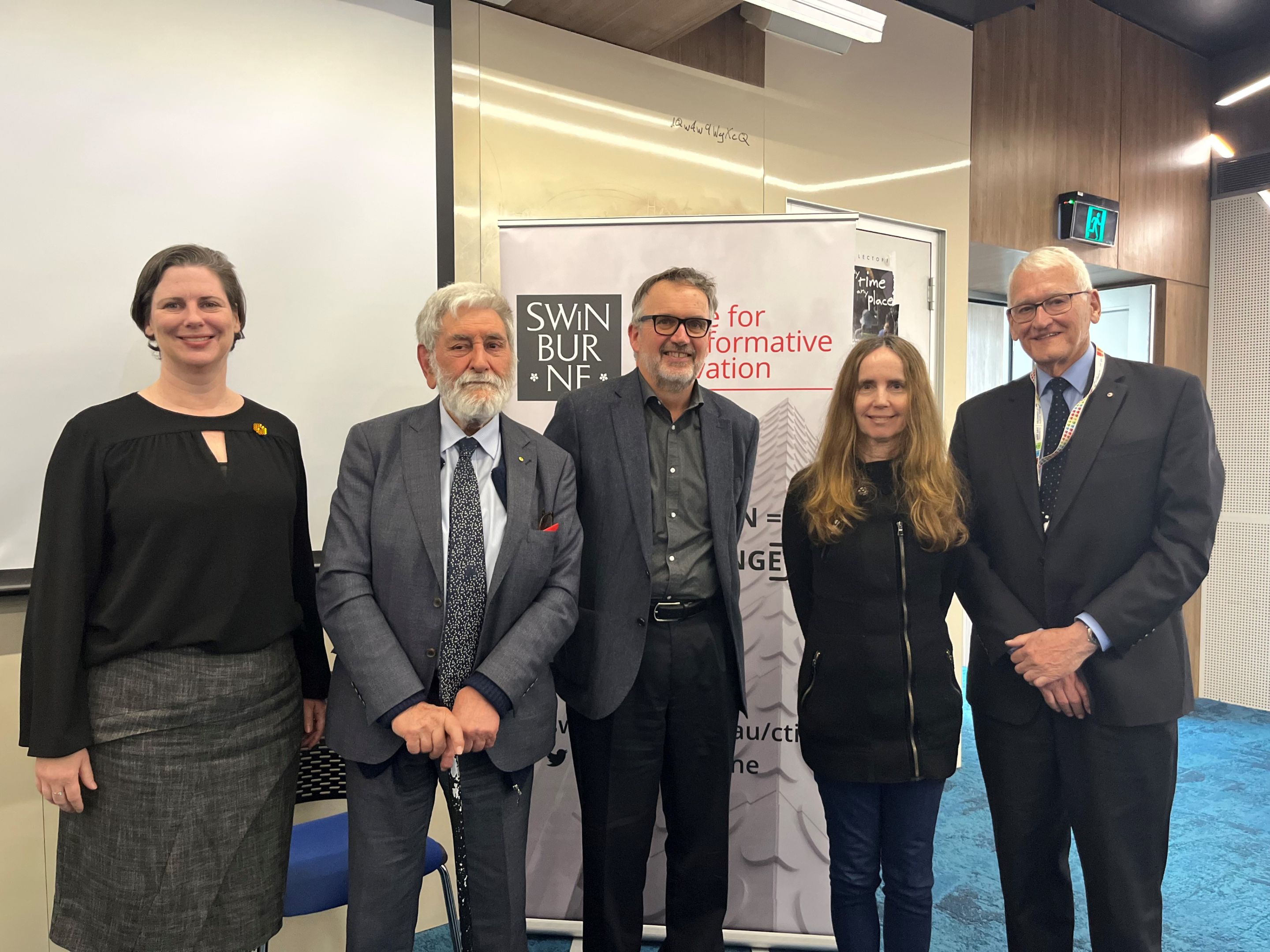 Left to right: Professor Karen Hapgood, the Hon Dr Barry Jones AC, Associate Professor Gavan McCarthy, Professor Beth Webster and Professor Tom Spurling AM