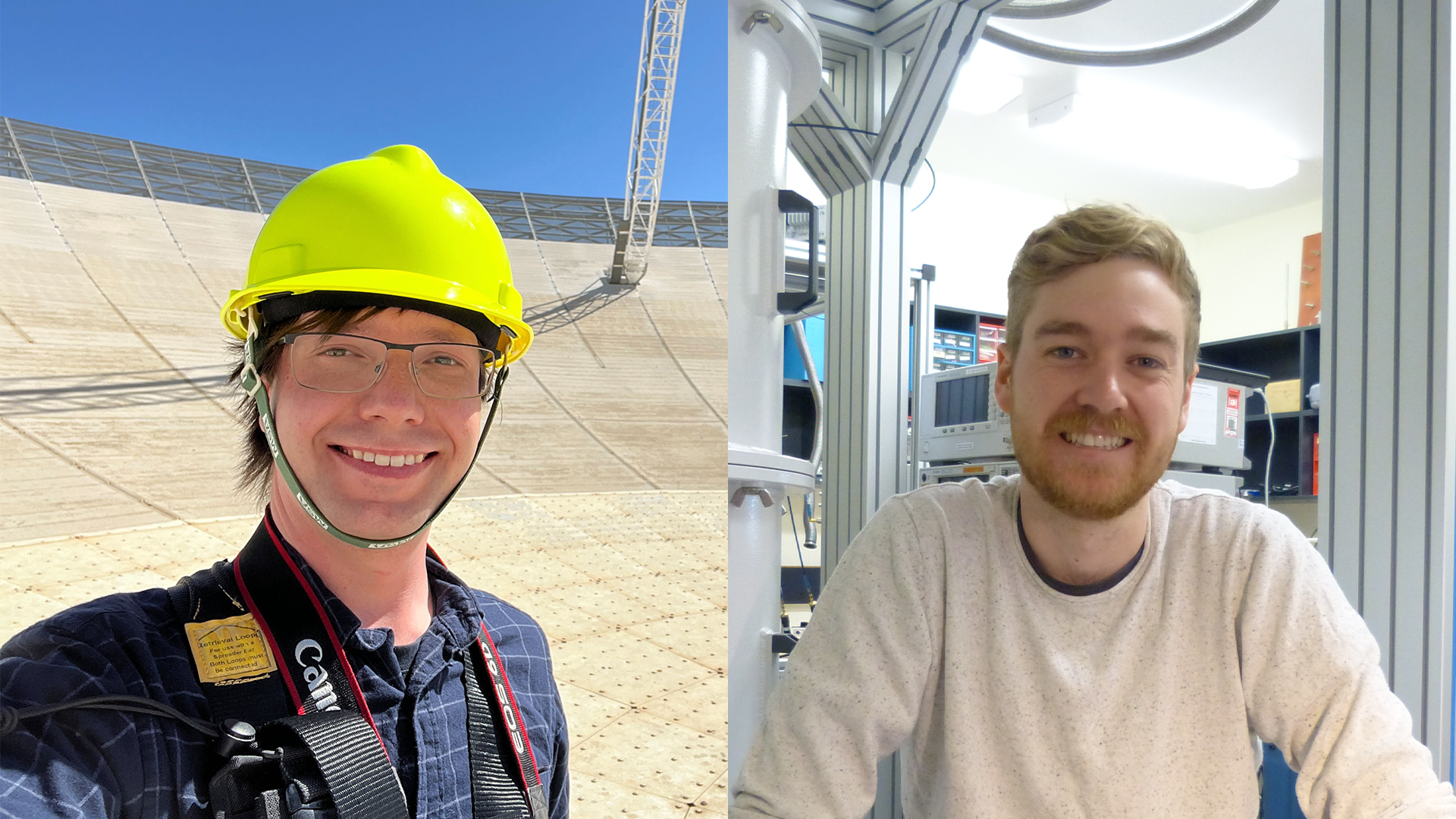 One picture of a man in a yellow hard hat on the left and a man in a white jumper on the left