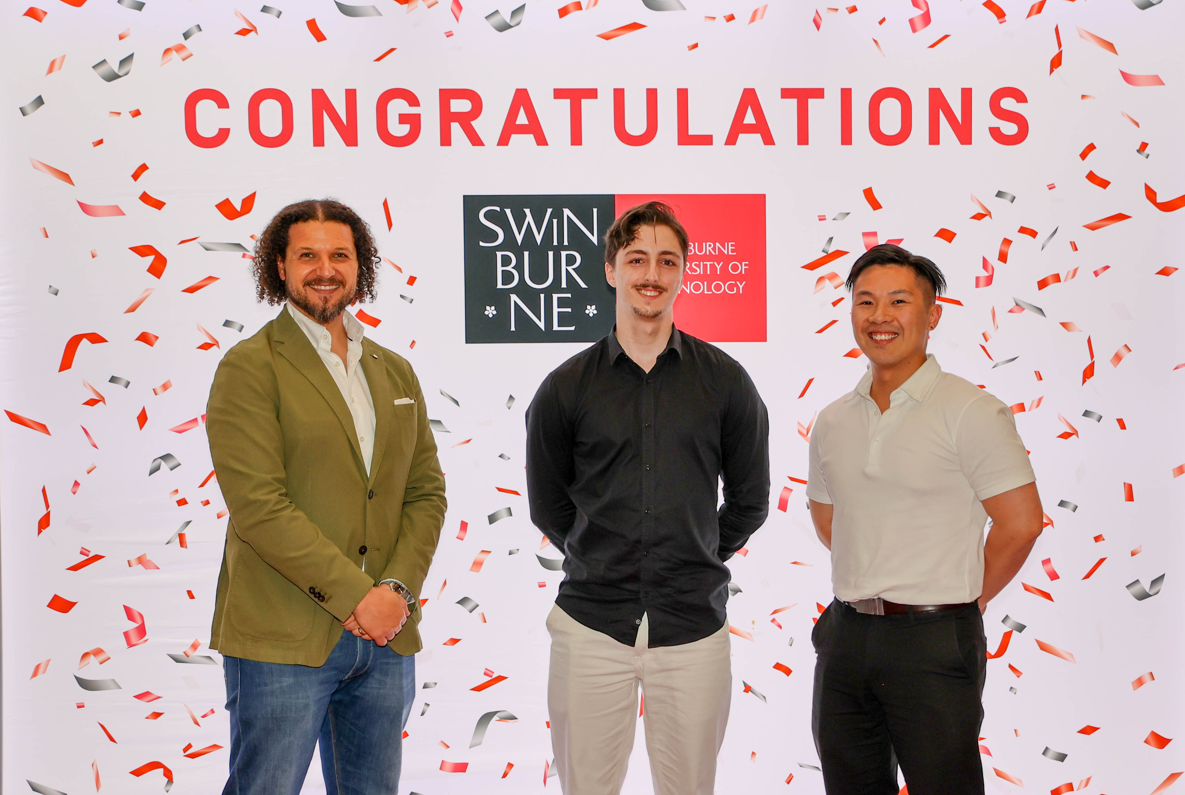 Inaugural Excellence in Architectural Design Visuals award winner Alan Kenyon (middle) with Department Chair of Architectural and Industrial Design Associate Professor Gianni Renda (left) and Lecturer and award donor Dr Linus Tan (right) at the School of Design and Architecture’s 2024 Graduate exhibition. 