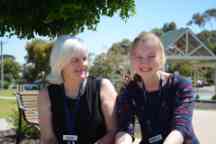 Kaye and Swinburne student, Bronte, outdoors having an informal chat.