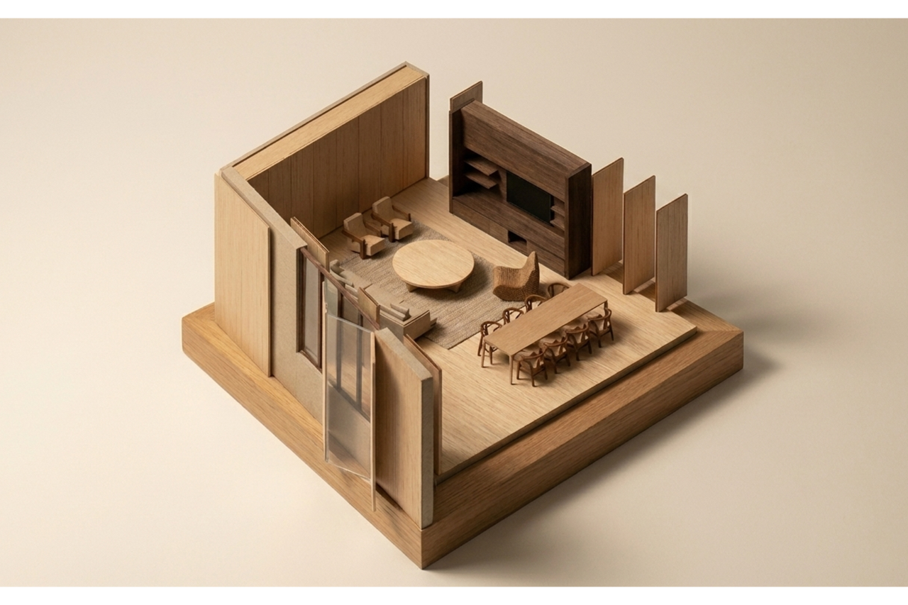 Wooden scale model of an interior room layout with furniture, walls and partitions.