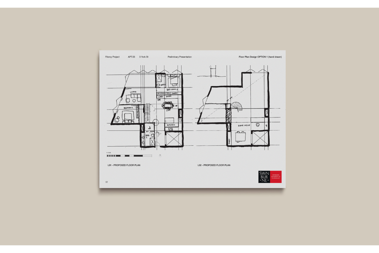 Architectural floor plan drawings showing room layouts and design annotations.