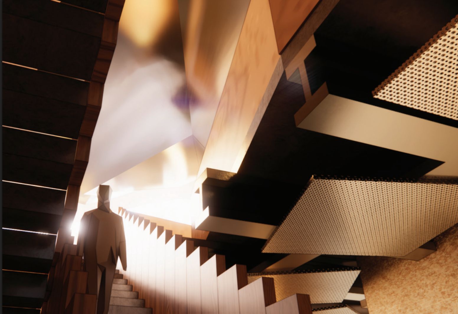 Abstract architectural design, abract human figure coming down a staircase. Surrounding walls and structures are covered in sunlight making them look gold and shiny. 