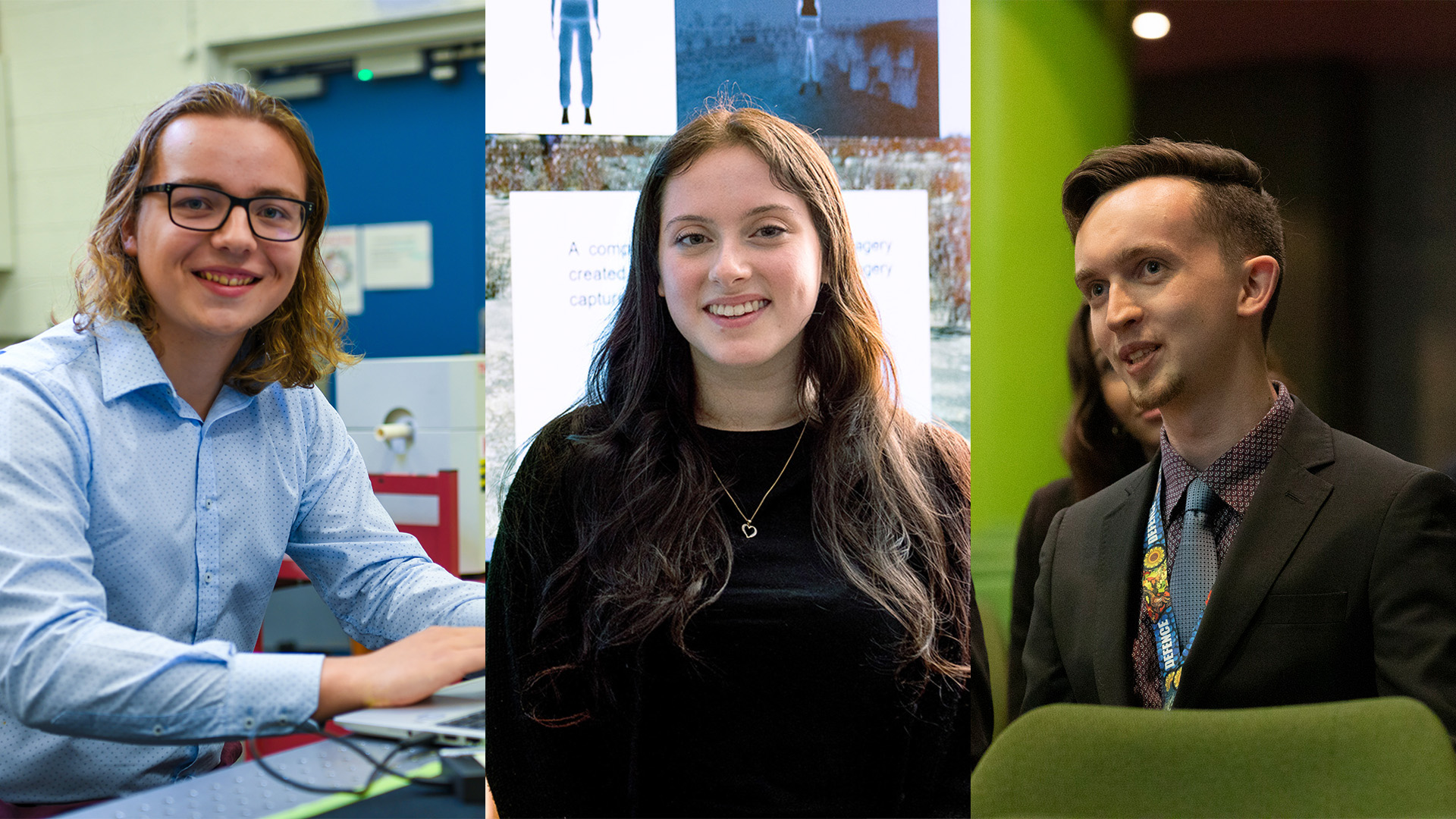 spliced image of 3 students smiling at the camera