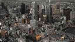 Panoramic aerial view of Melbourne central business district, the core of Greater Melbourne's metropolitan area, a major financial centre in Australia.