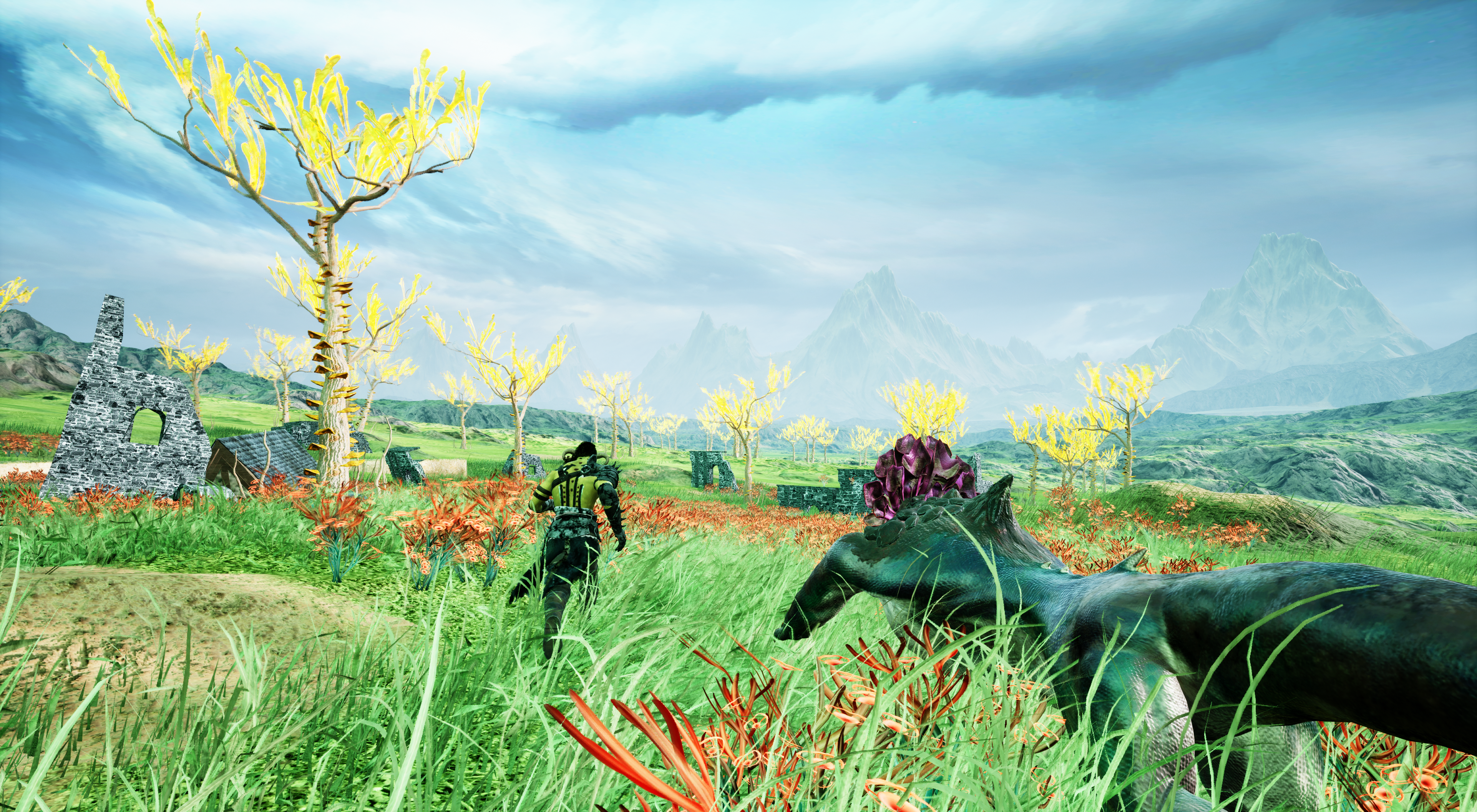 Videogame image, green field with trees and two figures.
