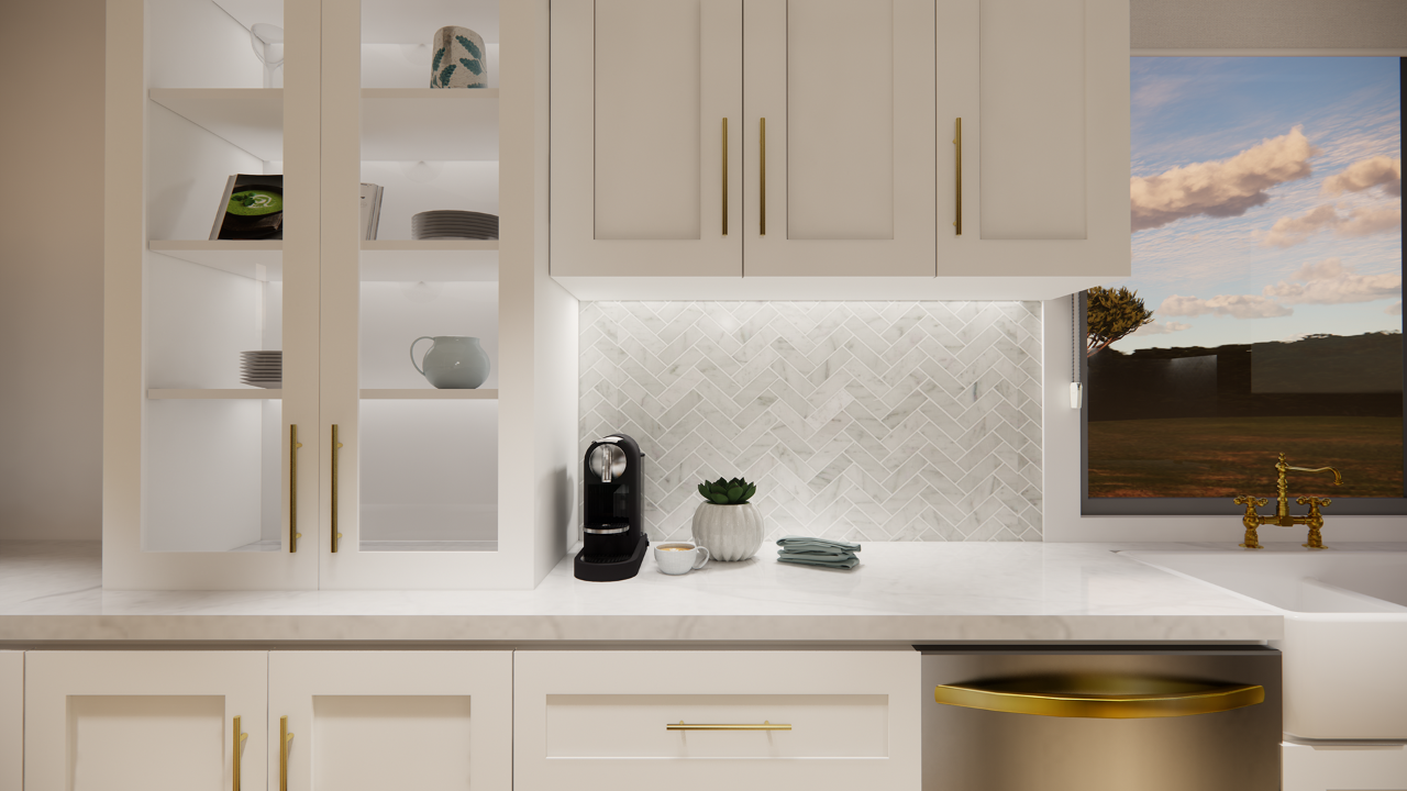 Render of a coffee maker, cup, plant and oven mitts sitting on a light marble kitchen bentchtop with brass fittings