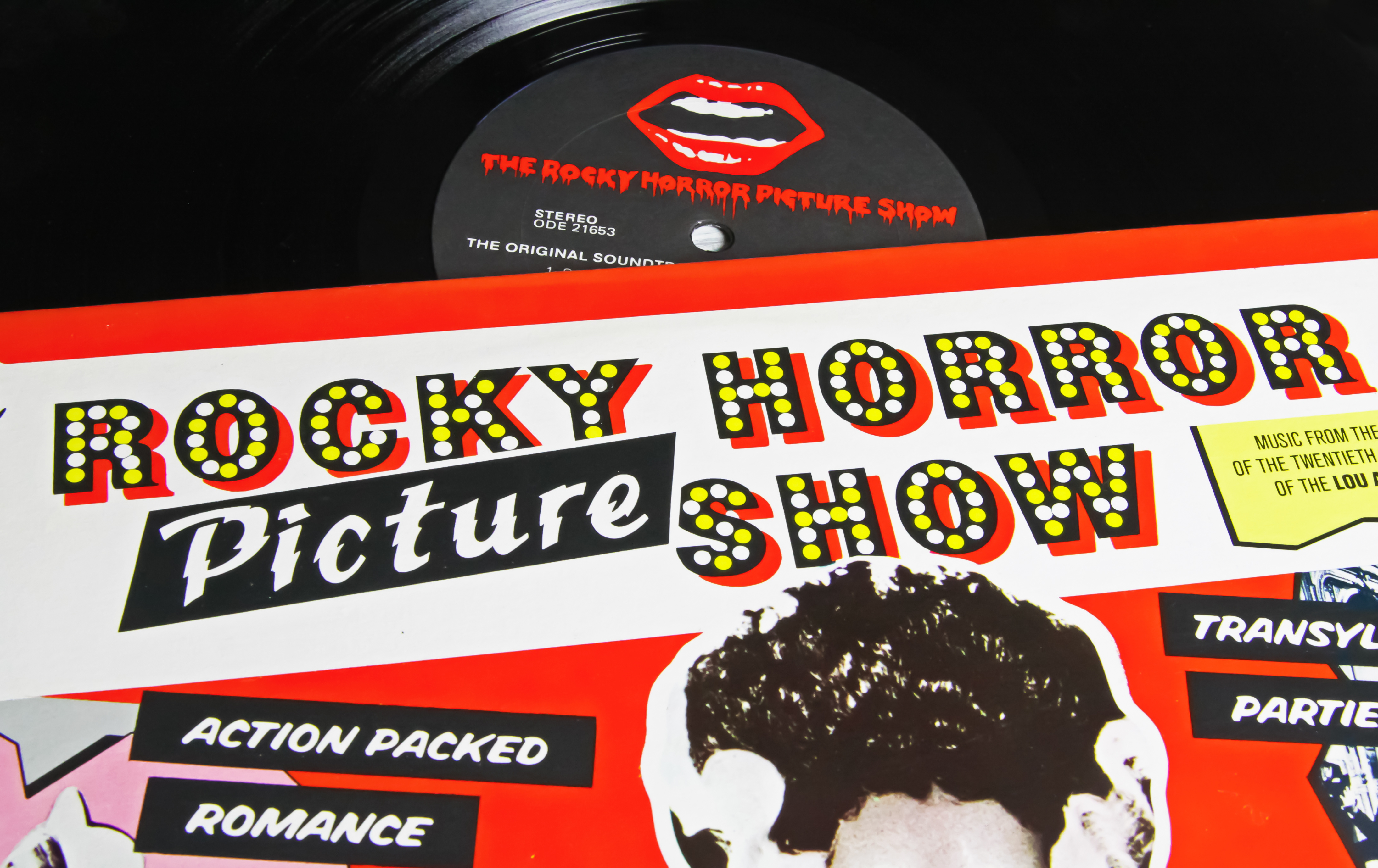Closeup of vinyl record cover of movie soundtrack rocky horror picture show