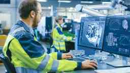 Mechanical engineer working at a computer using 3D modelling software design.