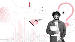 Greyscale image of a young male with dark hair and glasses, holding a laptop, on a white background with stylised graphical overlays in black grey and red.