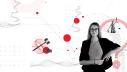 Girl wearing suit on white background with a gavel, scales of justice and interconnecting red and grey dots.