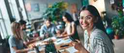 Young brunette girl in glasses in her laptop and phone in an office setting with team members sitting in the background