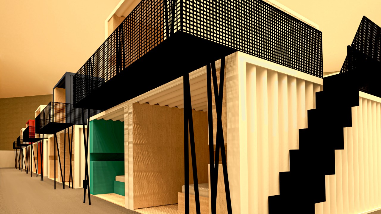 An interior design render of sleeping pods with a downstairs and upstairs area. 